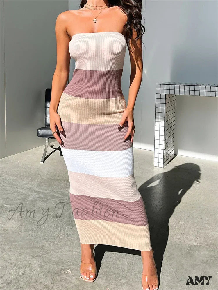 Amy Fashion - Women Summer Strapless Knitted Ribbed Female Sexy Vestidos Sleeveless Off Shoulder