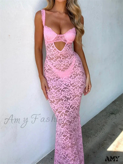 Amy Fashion - Women Summer V-Neck Sleeveless Strap Backless Mesh See Through Lace Floral Hollow Out