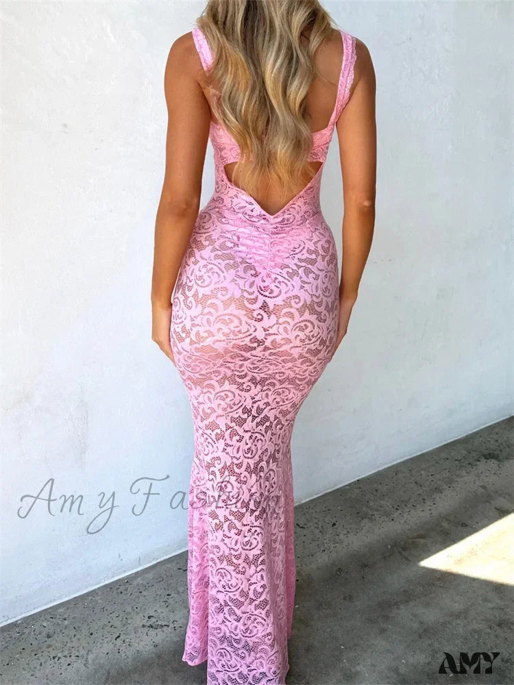 Amy Fashion - Women Summer V-Neck Sleeveless Strap Backless Mesh See Through Lace Floral Hollow Out