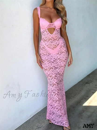 Amy Fashion - Women Summer V-Neck Sleeveless Strap Backless Mesh See Through Lace Floral Hollow Out