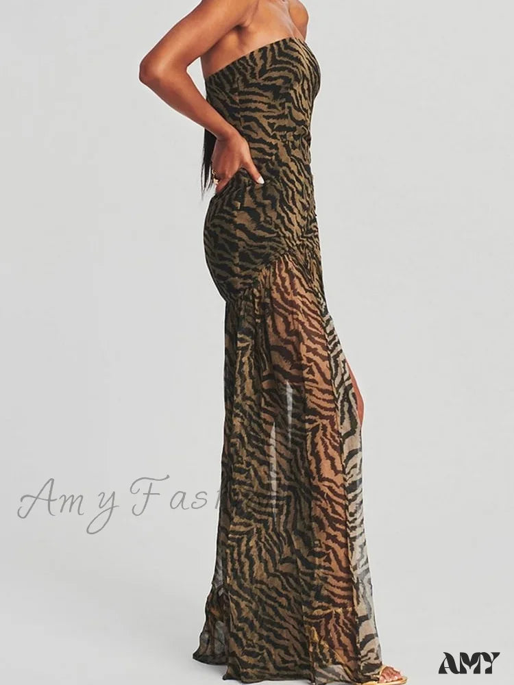 Amy Fashion - Women Tube Slim Strapless Off Shoulder Mesh Patchwork Leopard Floral Print Split