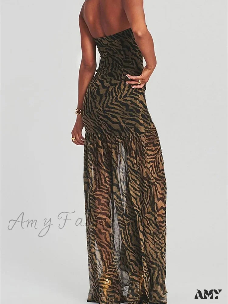 Amy Fashion - Women Tube Slim Strapless Off Shoulder Mesh Patchwork Leopard Floral Print Split