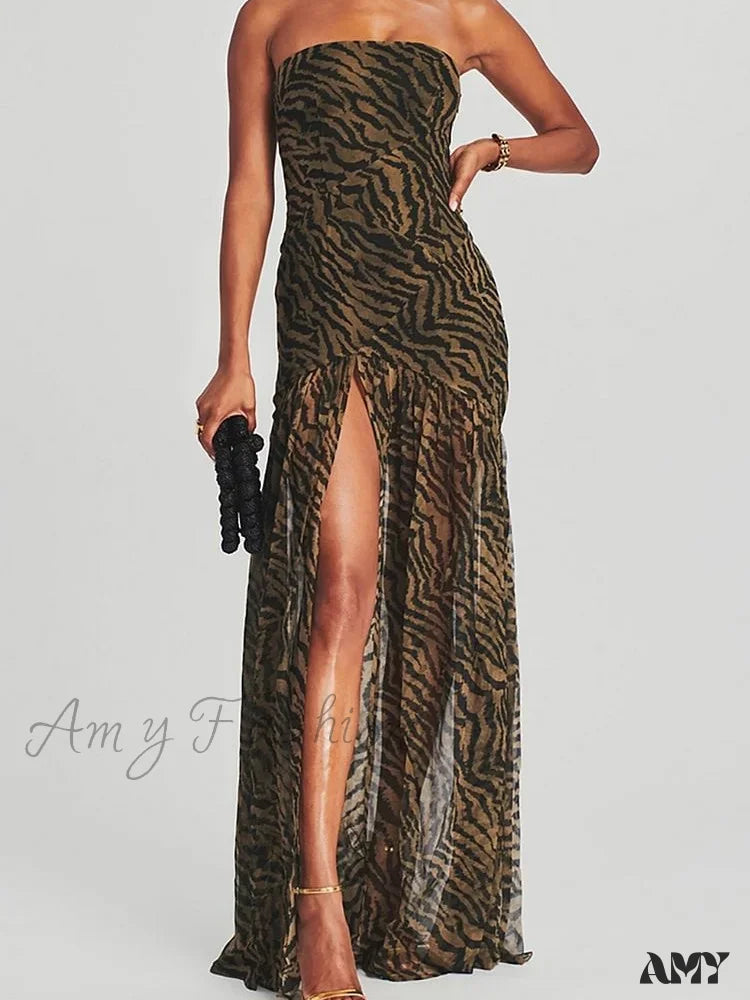 Amy Fashion - Women Tube Slim Strapless Off Shoulder Mesh Patchwork Leopard Floral Print Split