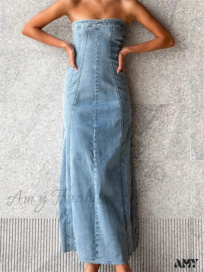 Amy Fashion - Women Tube Strapless Backless Denim Back Zip Up Summer Side Split Club Party Female