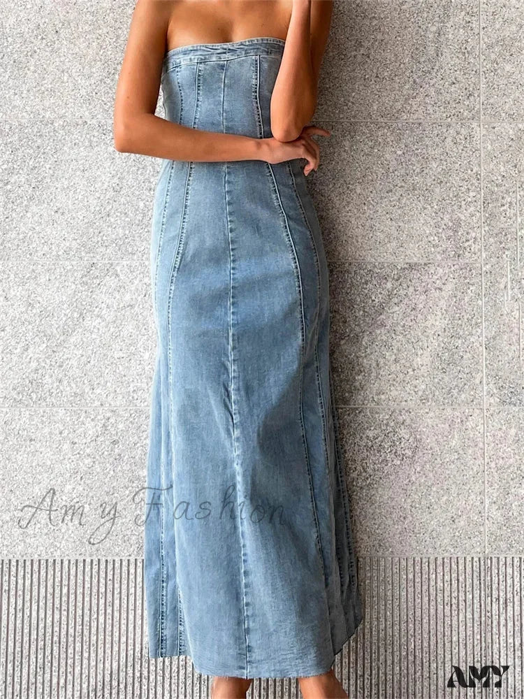 Amy Fashion - Women Tube Strapless Backless Denim Back Zip Up Summer Side Split Club Party Female