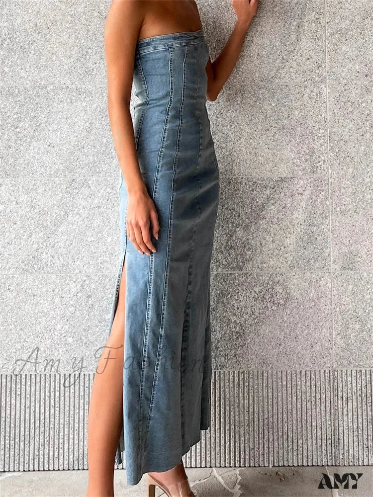 Amy Fashion - Women Tube Strapless Backless Denim Back Zip Up Summer Side Split Club Party Female