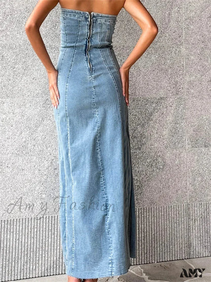 Amy Fashion - Women Tube Strapless Backless Denim Back Zip Up Summer Side Split Club Party Female