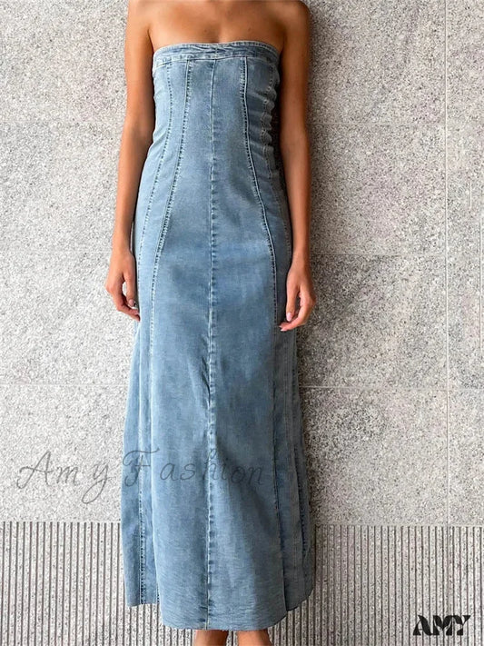 Amy Fashion - Women Tube Strapless Backless Denim Back Zip Up Summer Side Split Club Party Female