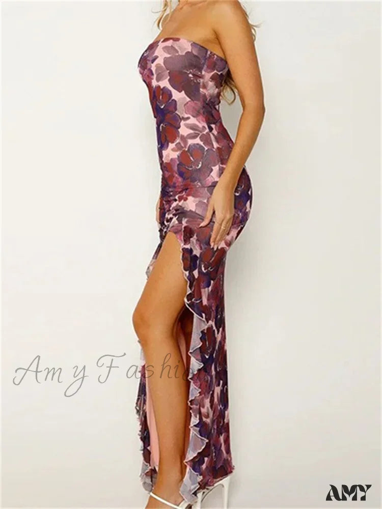 Amy Fashion - Women Tube Strapless Backless Flower Print High Split Summer Ruffles Cocktail Female