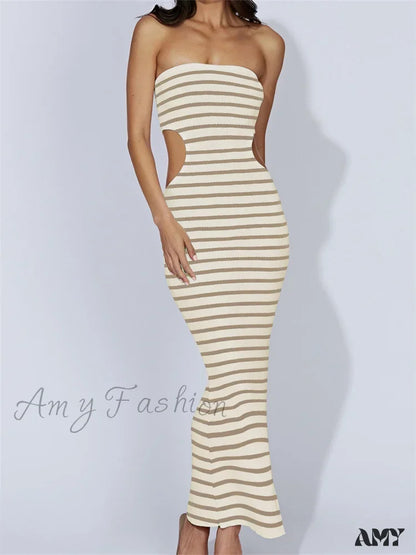 Amy Fashion - Women Tube Strapless Off Shoulder Cutout Solid Color/Striped Print Knitted Summer