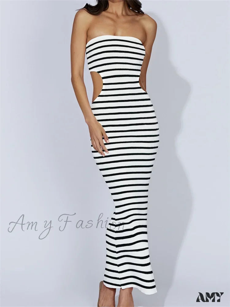 Amy Fashion - Women Tube Strapless Off Shoulder Cutout Solid Color/Striped Print Knitted Summer