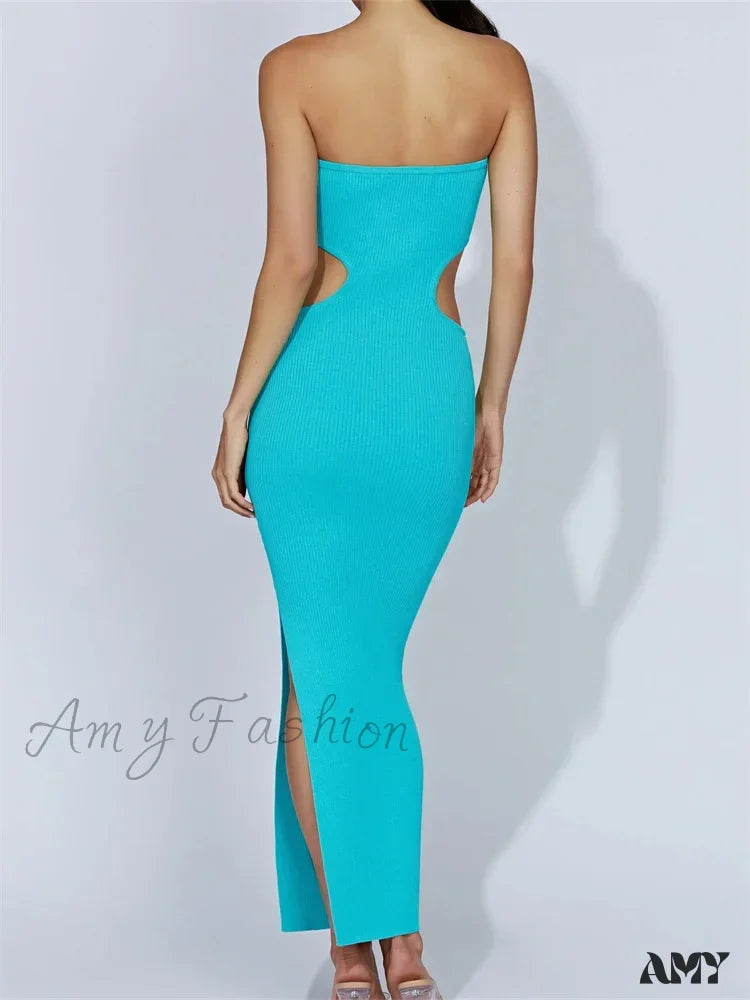 Amy Fashion - Women Tube Strapless Off Shoulder Cutout Solid Color/Striped Print Knitted Summer