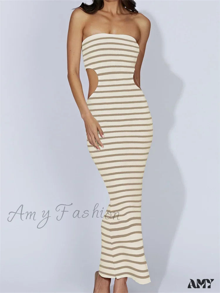 Amy Fashion - Women Tube Strapless Off Shoulder Cutout Solid Color/Striped Print Knitted Summer