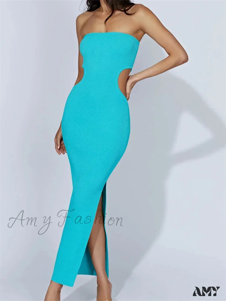 Amy Fashion - Women Tube Strapless Off Shoulder Cutout Solid Color/Striped Print Knitted Summer