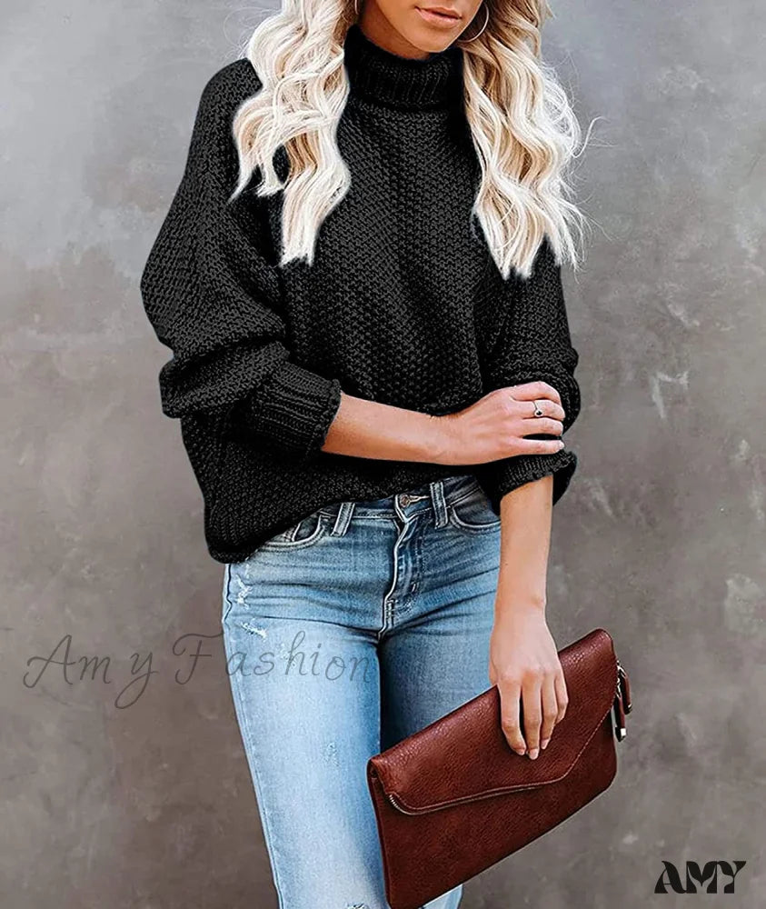 Amy Fashion - Women Turtleneck Batwing Sleeve Casual Oversized Sweater