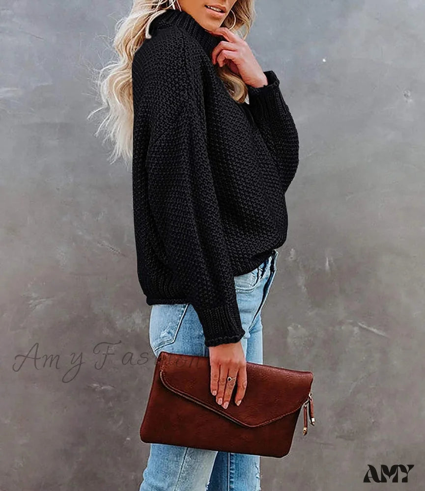 Amy Fashion - Women Turtleneck Batwing Sleeve Casual Oversized Sweater