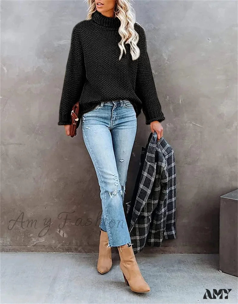 Amy Fashion - Women Turtleneck Batwing Sleeve Casual Oversized Sweater