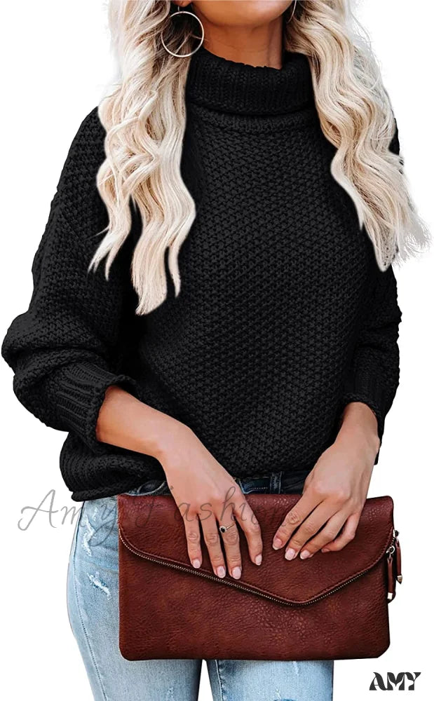 Amy Fashion - Women Turtleneck Batwing Sleeve Casual Oversized Sweater Black / Medium