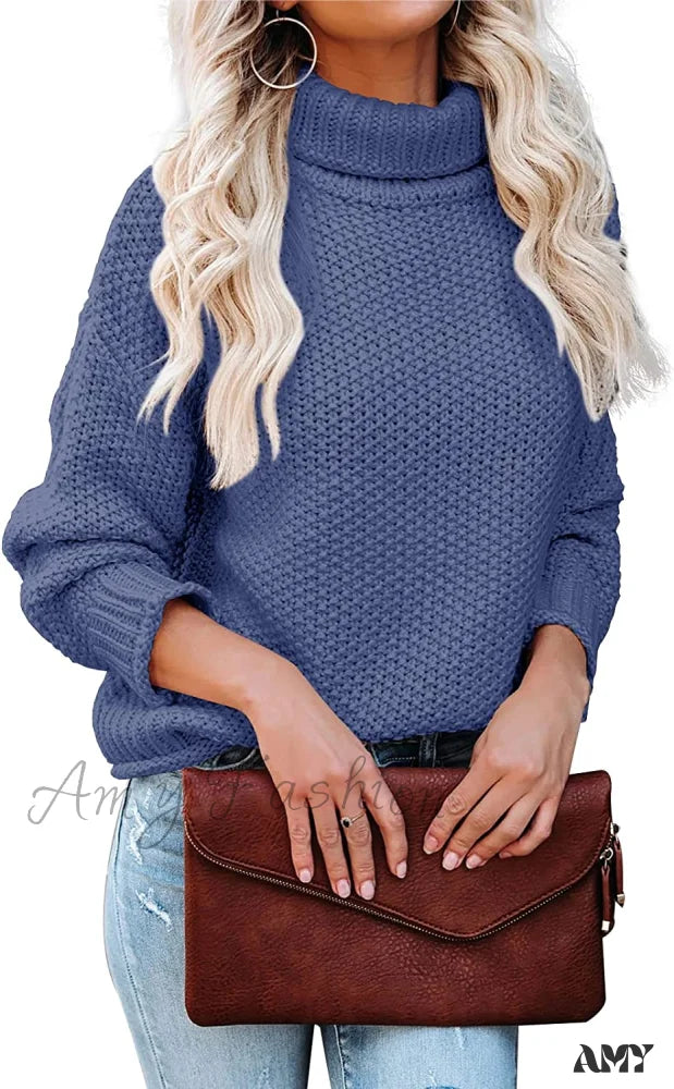 Amy Fashion - Women Turtleneck Batwing Sleeve Casual Oversized Sweater Blue Grey / Small