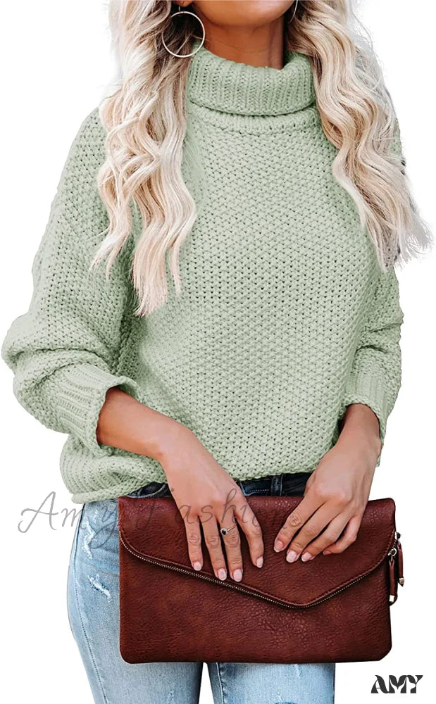 Amy Fashion - Women Turtleneck Batwing Sleeve Casual Oversized Sweater Light Green / X-Large