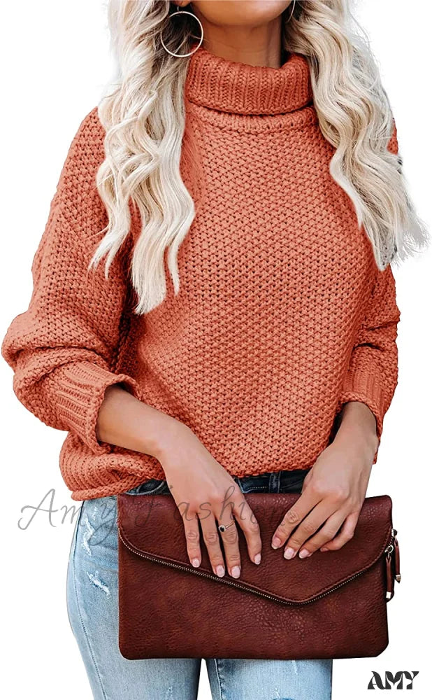 Amy Fashion - Women Turtleneck Batwing Sleeve Casual Oversized Sweater Orange Red / Large