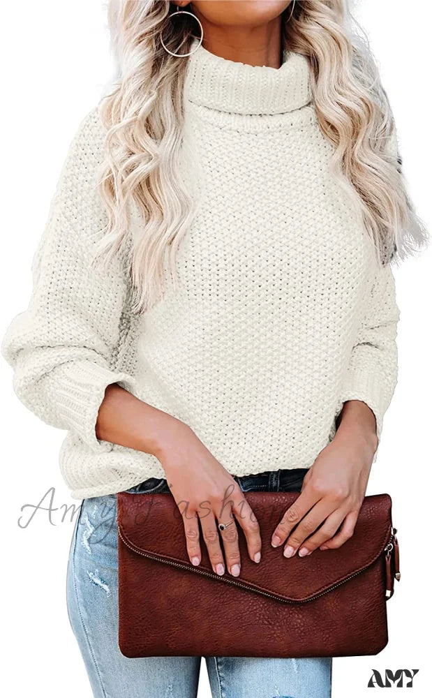 Amy Fashion - Women Turtleneck Batwing Sleeve Casual Oversized Sweater White / X-Large