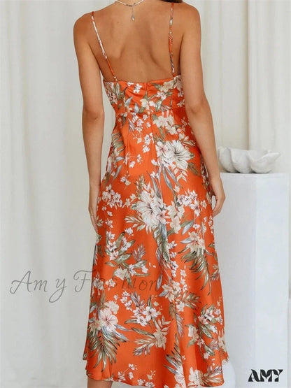 Amy Fashion - Women V-Neck Floral Print Sleeveless Strap Side Split For Party Club Wedding Night