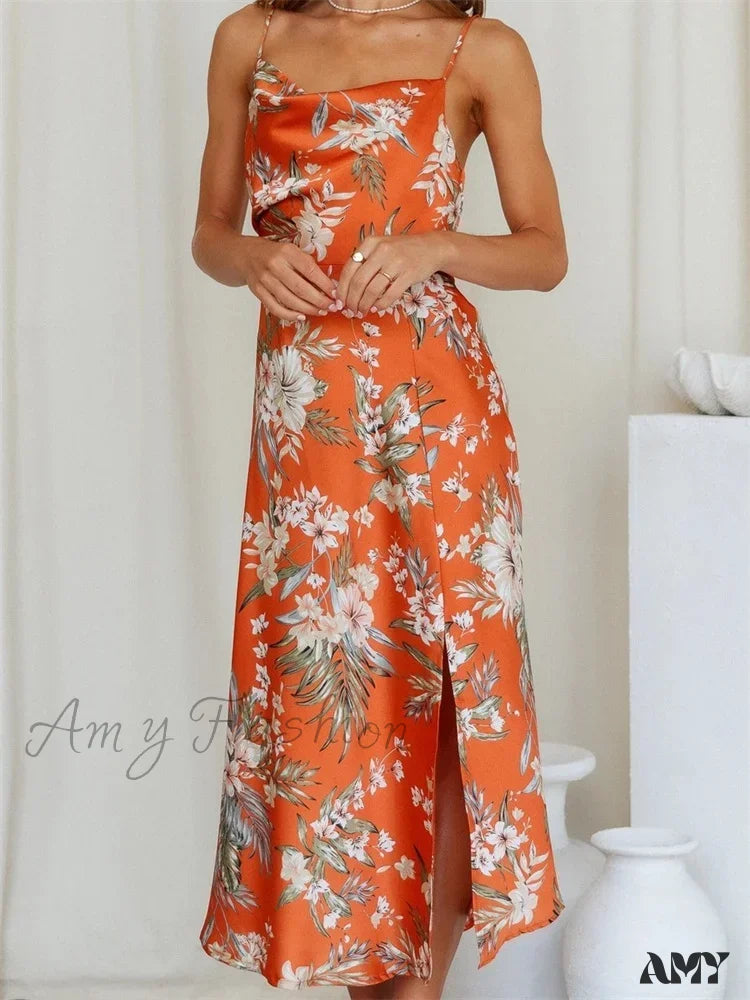 Amy Fashion - Women V-Neck Floral Print Sleeveless Strap Side Split For Party Club Wedding Night