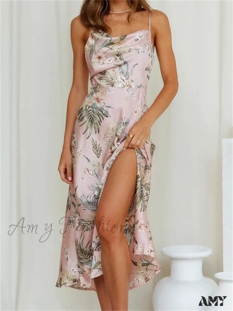 Amy Fashion - Women V-Neck Floral Print Sleeveless Strap Side Split For Party Club Wedding Night