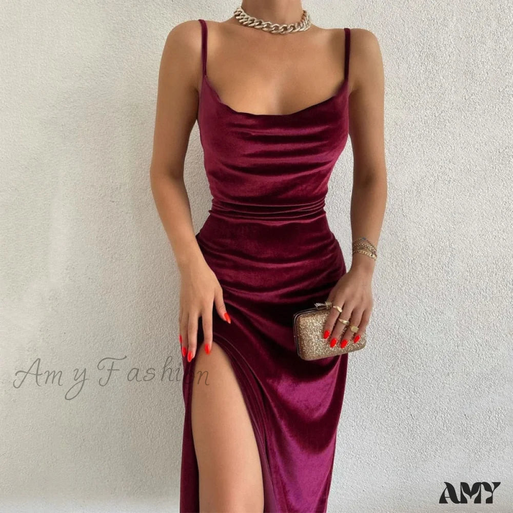 Amy Fashion - Women Velvet Square Neck Cami Strap Midi Dress