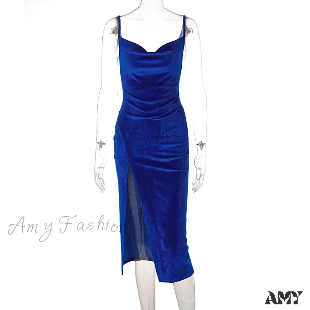 Amy Fashion - Women Velvet Square Neck Cami Strap Midi Dress