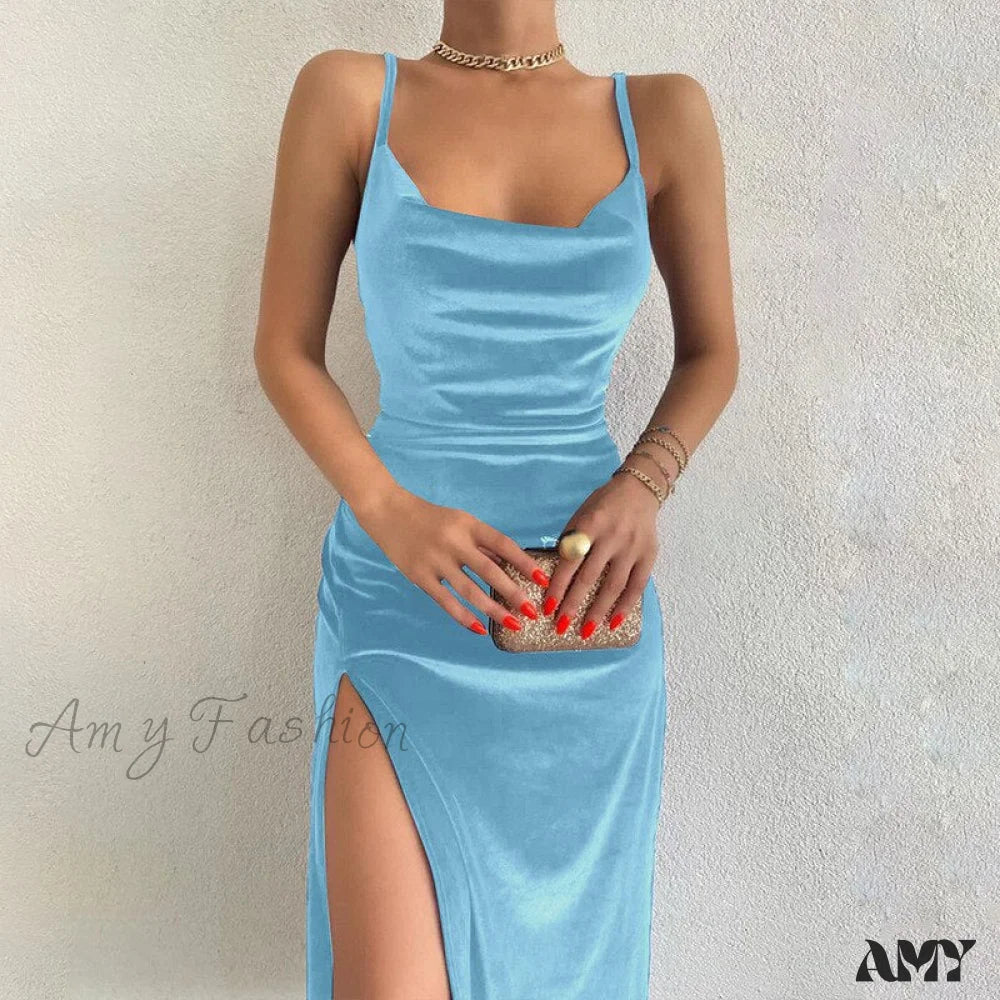 Amy Fashion - Women Velvet Square Neck Cami Strap Midi Dress Sky Blue / S