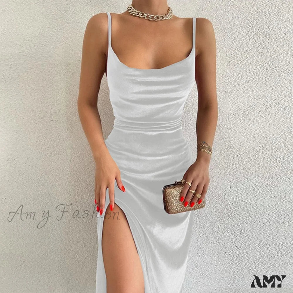 Amy Fashion - Women Velvet Square Neck Cami Strap Midi Dress White / S