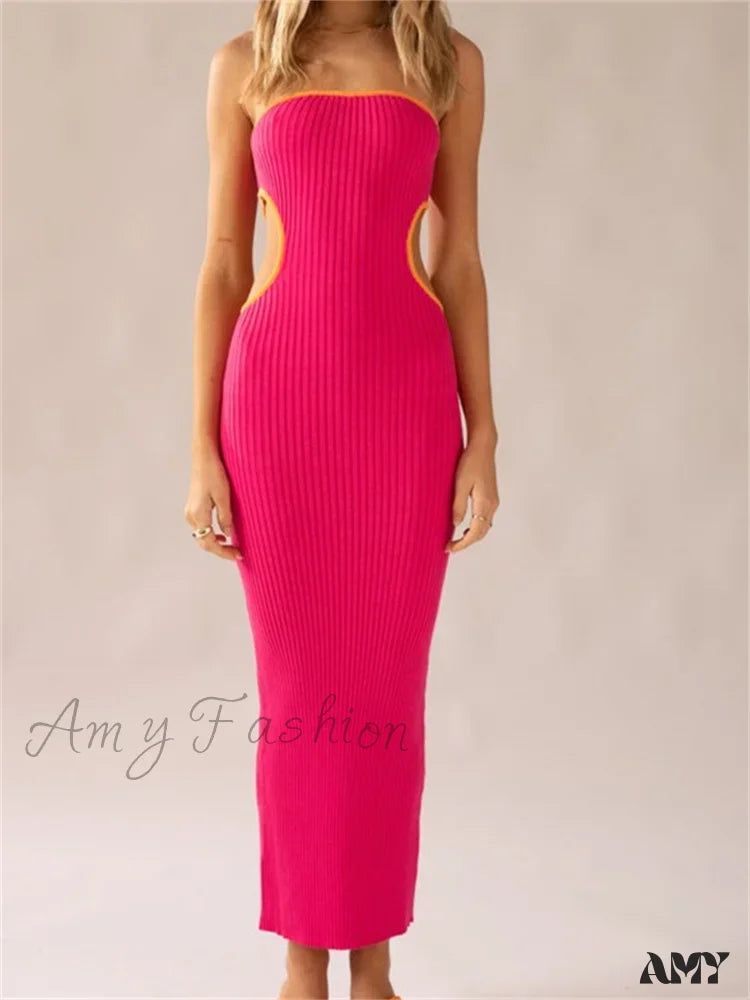 Amy Fashion - Women Waist Hollow Out Tube Strapless Off Shoulder Contrast Color Ribbed Summer Party