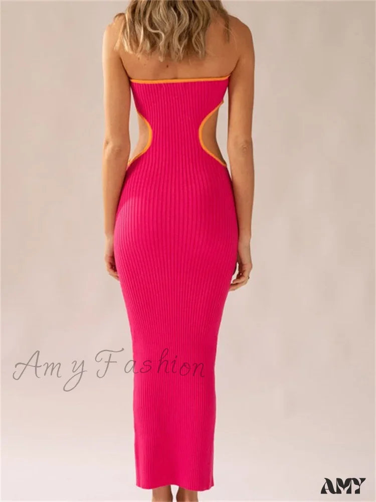 Amy Fashion - Women Waist Hollow Out Tube Strapless Off Shoulder Contrast Color Ribbed Summer Party