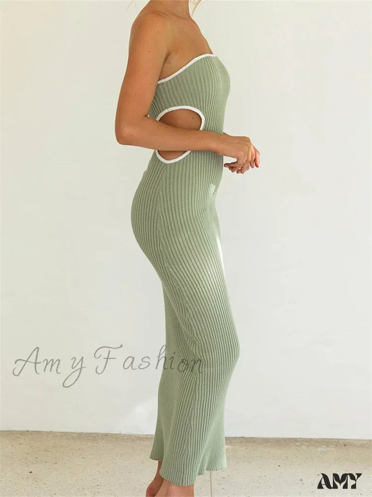 Amy Fashion - Women Waist Hollow Out Tube Strapless Off Shoulder Contrast Color Ribbed Summer Party