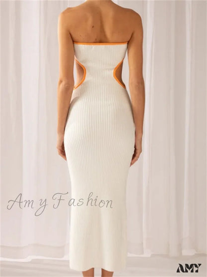 Amy Fashion - Women Waist Hollow Out Tube Strapless Off Shoulder Contrast Color Ribbed Summer Party