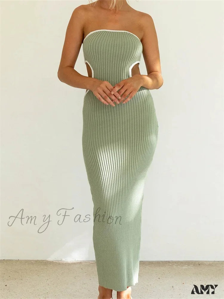 Amy Fashion - Women Waist Hollow Out Tube Strapless Off Shoulder Contrast Color Ribbed Summer Party