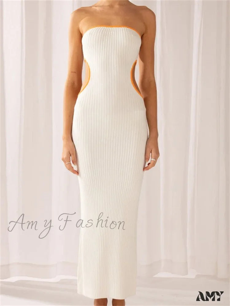 Amy Fashion - Women Waist Hollow Out Tube Strapless Off Shoulder Contrast Color Ribbed Summer Party