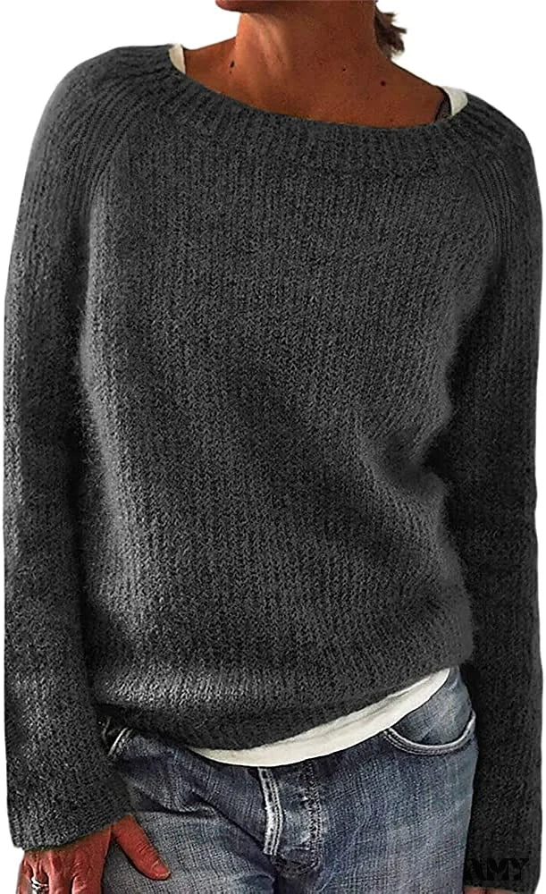 Amy Fashion - Women Winter Loose Casual Pullover Knit Sweater Black / Large