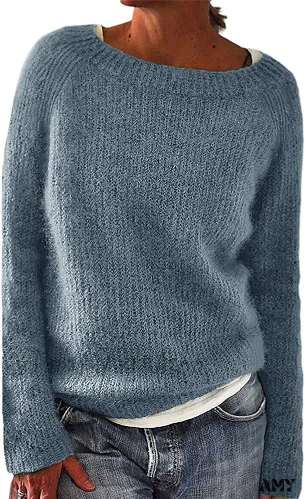 Amy Fashion - Women Winter Loose Casual Pullover Knit Sweater Blue / Small