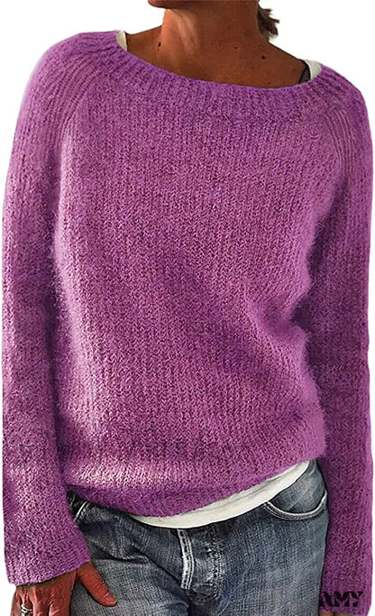 Amy Fashion - Women Winter Loose Casual Pullover Knit Sweater Purple / X-Large