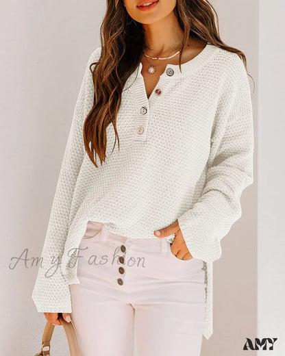 Amy Fashion - Women’s Batwing Long Sleeve Loose V Neck Button Top