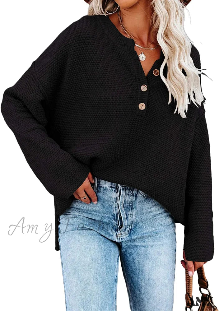 Amy Fashion - Women’s Batwing Long Sleeve Loose V Neck Button Top Black / Large