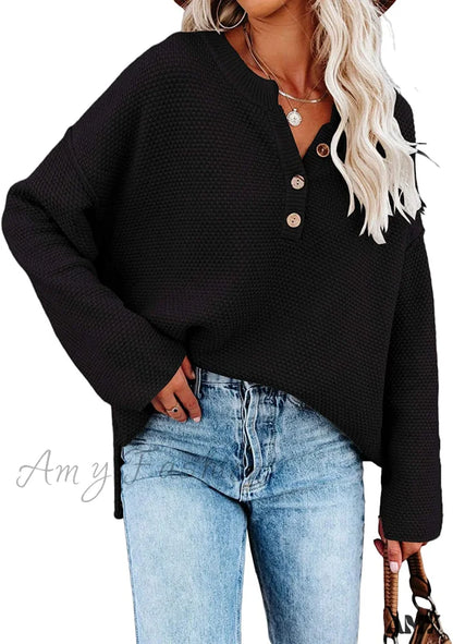 Amy Fashion - Women’s Batwing Long Sleeve Loose V Neck Button Top Black / Large