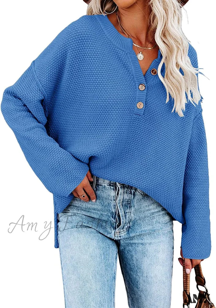 Amy Fashion - Women’s Batwing Long Sleeve Loose V Neck Button Top Blue / Small