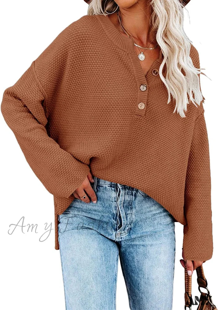 Amy Fashion - Women’s Batwing Long Sleeve Loose V Neck Button Top Brown / Medium