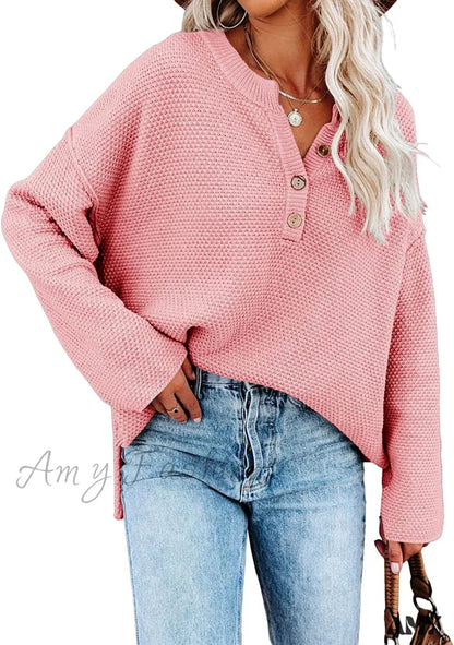 Amy Fashion - Women’s Batwing Long Sleeve Loose V Neck Button Top Pink / Large