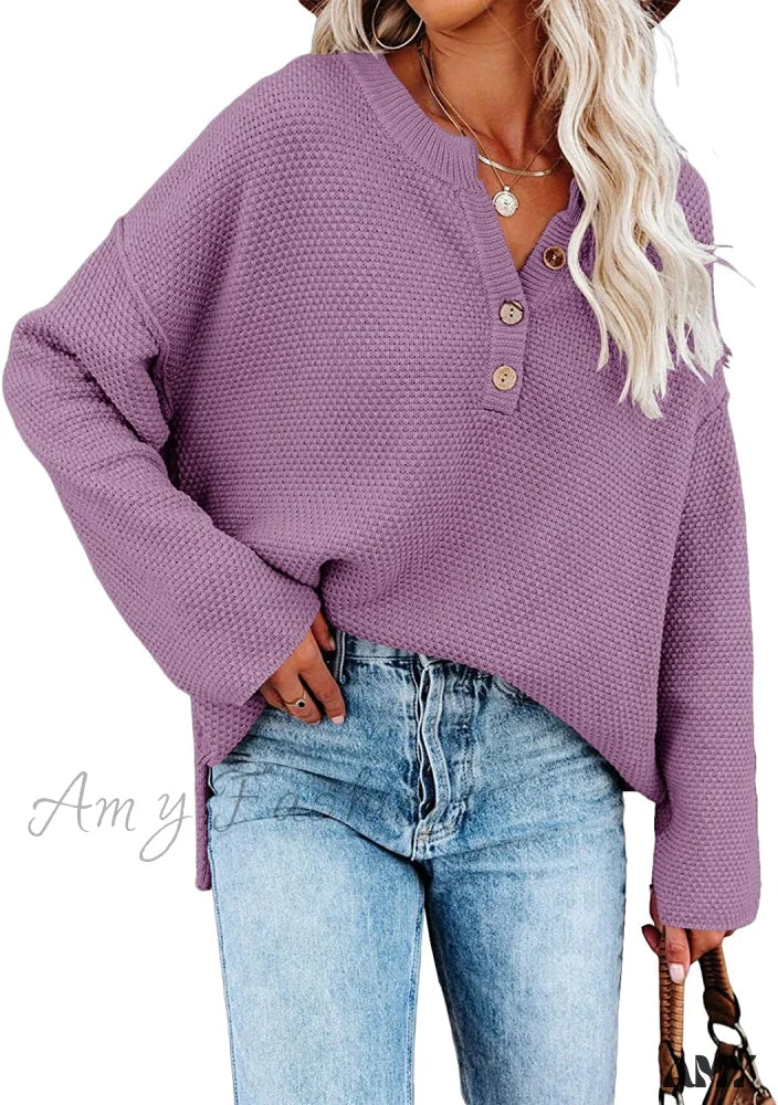 Amy Fashion - Women’s Batwing Long Sleeve Loose V Neck Button Top Purple / Small