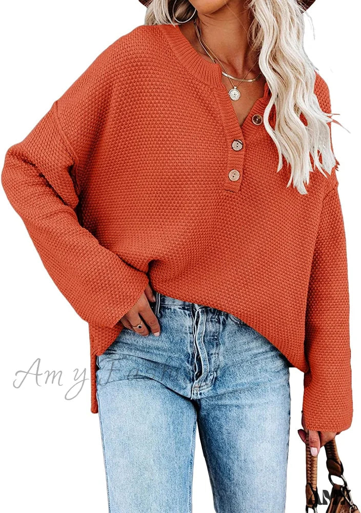 Amy Fashion - Women’s Batwing Long Sleeve Loose V Neck Button Top Red / X-Large